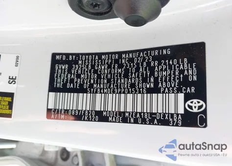 2023 Toyota Corolla Le из США, поврежденный, VIN 5YFB4MDE9PP015316